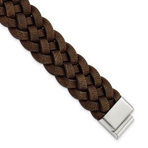 Black Bow Jewelry Men's 20mm Stainless Steel & Brown Leather Woven Bracelet, 8.75 Inch - 1 of 4