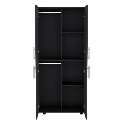 White Four-Door Particleboard Wardrobe with Shelves and Hanging Rods
