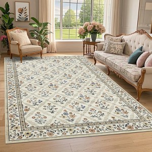 Floral Area Rugs for Living Room Bedroom Soft Farmhouse Washable Rug Non-Slip Low Pile Accent Carpet - 1 of 4