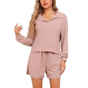 cheibear Women's Waffle Knit Long Sleeve Top and Shorts with Pockets Pajamas Sets 2 Pcs - 1 of 4