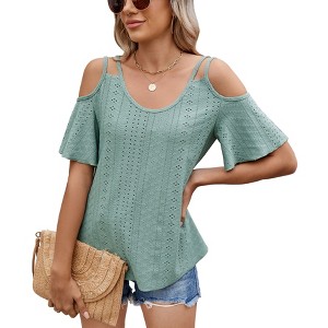 Womens Eyelet  Embroidery Tops Spaghetti Straps Short Sleeve Cold Shoulder Front Knit Casual Summer Lightweight Blouses for Women - 1 of 4