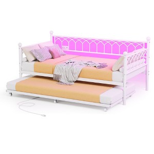 Twin Daybed , Day Bed with Charging Station & LED Lights, Metal Sofa Bed Frame with Pull Out Trundle - 1 of 4
