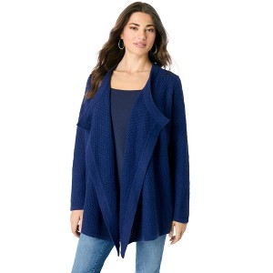 Roaman's Women's Plus Size Handkerchief Hem Pointelle Cardigan Sweater - 1 of 4