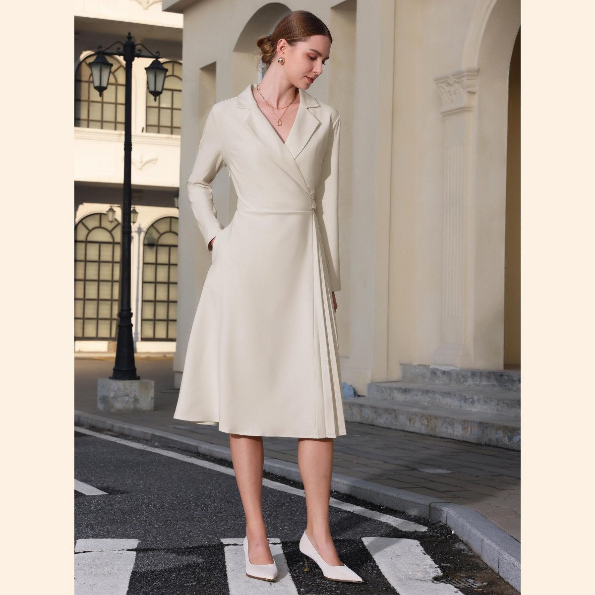Женские платья INSPIRE CHIC Women's Notch Lapel Wrap Neck Long Sleeve A-Line Midi Pleated Dress Medium Beige — фото 4