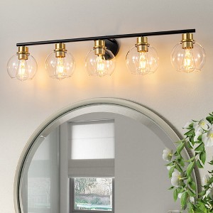 POWLIG 37.4-in 5-Light Black and Gold Modern Dimmable Bathroom Transitional Vanity Light with Transparent Glass Shade - 1 of 4