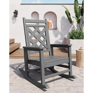 Outdoor Rocking Chair Set of 4 - HDPE Weather-Resistant Patio Rockers (Grey) for Deck/Pool/Backyard (380LBS Capacity, Wood Texture Design) - 1 of 4