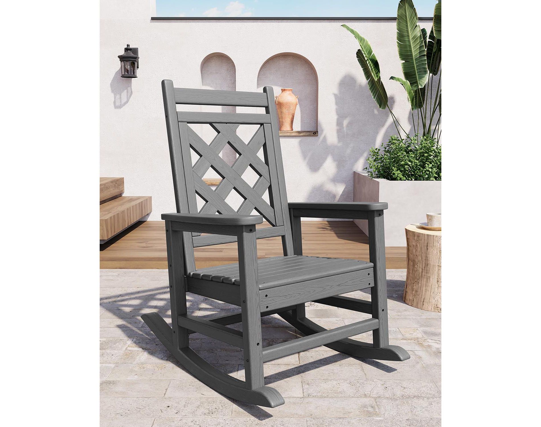 Outdoor Rocking Chair Set of 4 - HDPE Weather-Resistant Patio Rockers (Grey) for Deck/Pool/Backyard (380LBS Capacity, Wood Texture Design)