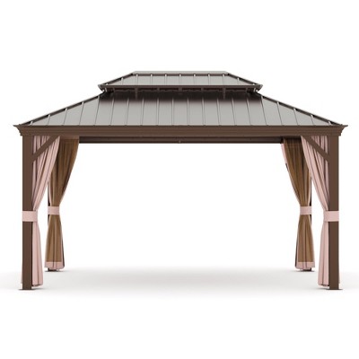 COWLOWN 10x12 Double-Tier Hardtop Gazebo, Sturdy Aluminum Frame with Iron Roof, Curtains & Netting for Patios, Backyards & Decks