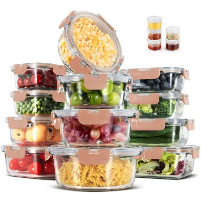 LunaLulinlk 34-Piece Glass Food Storage Container Set, Glass Lunch Box with Snap Lid, Glass Lunch Box, Airtight Bento Box, Pink