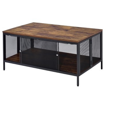 Vynxaria Antique Oak & Black Coffee Table, Foldable Design, 41"×21"×1" Shelf, 4 Metal Sliding Door Compartment, Sturdy Metal Frame