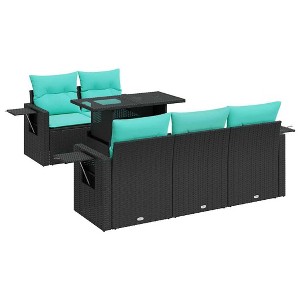 vidaXL Patio Sofa Set with Cushions Table and Seats 6 Piece Poly Rattan Acacia - Black - 1 of 4