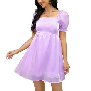 BLUEMING Womens Short Lantern Sleeve Mesh Dress Square Neck A Line Summer Dress Ruffle Cuff Smocked Waist Dress - 1 of 4