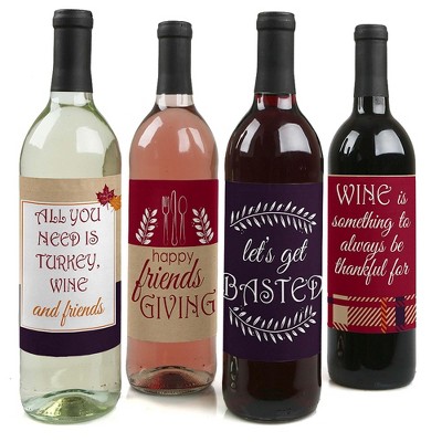 Big Dot of Happiness Friends Thanksgiving Feast - Friendsgiving Party Decorations for Women and Men - Wine Bottle Label Stickers - Set of 4