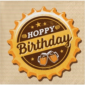 48ct "Hoppy Birthday" Beverage Napkins: Creative Converting, Paper, Square, Typography, Birthday Party, Brown & Yellow - 1 of 3