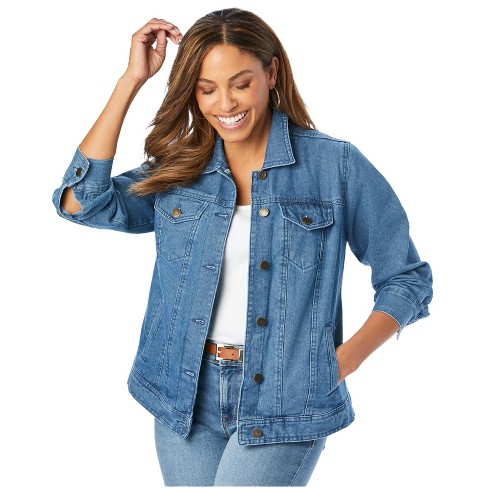 Jessica London Women's Plus Size Classic Cotton Button Down Denim Jean  Jacket - 22, Medium Stonewash Blue