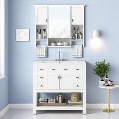 Mshliw 36 Inch Bathroom Vanity with Sink and Mirror Cabinet, Modern Storage Cabinet with 6 Drawers, 2 Doors, Towel Bar, and Ceramic Basin