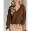 Coolmee Women's Loose Knitted Off The Shoulder Sweater Solid V Neck Long Sleeve Pullover Ripped Crop Top - 2 of 4