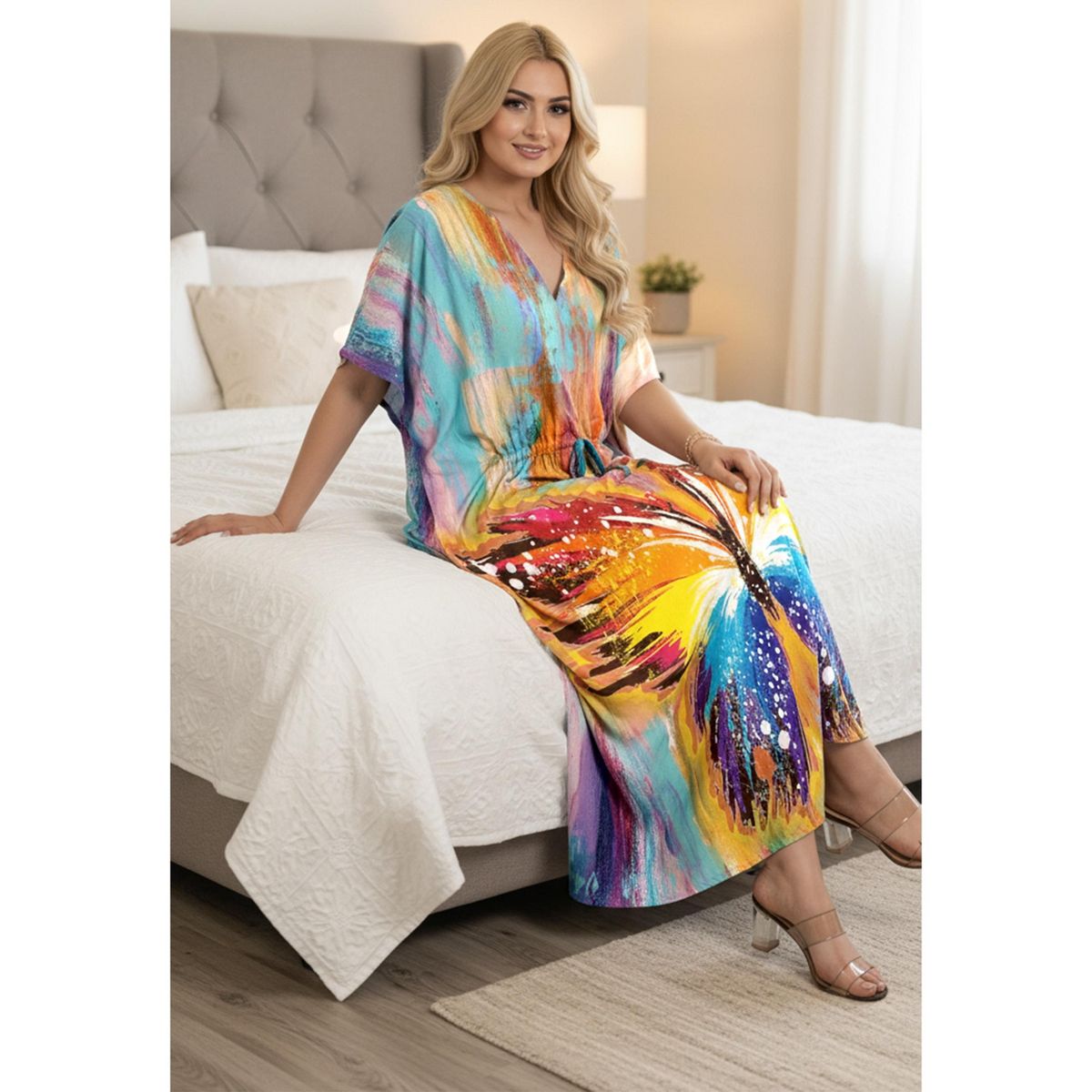 HAPPY BAY Women's Summer Vacation Loungewear Casual Long Kaftan Beach Cover Up Dress Maxi Dresses Caftans for Women One Size Multi Butterfly - thumbnail 4