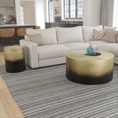 Royal Hampton Round Drum Shape Coffee Table, Antique Brass Ombre, 34.5 Inch, Black and Gold