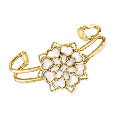 Ross-Simons Mother-Of-Pearl and .10 Carat White Topaz Cuff Bracelet in 18kt Gold Over Sterling