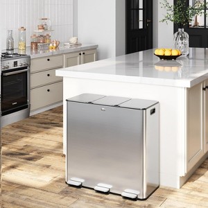 60L/15.9 Gal 3-Section Stainless Steel Recycling Bin, Foot Pedal Operated with Odor Control, Multi-Compartment Trash Can for Kitchen Home Office - 1 of 4