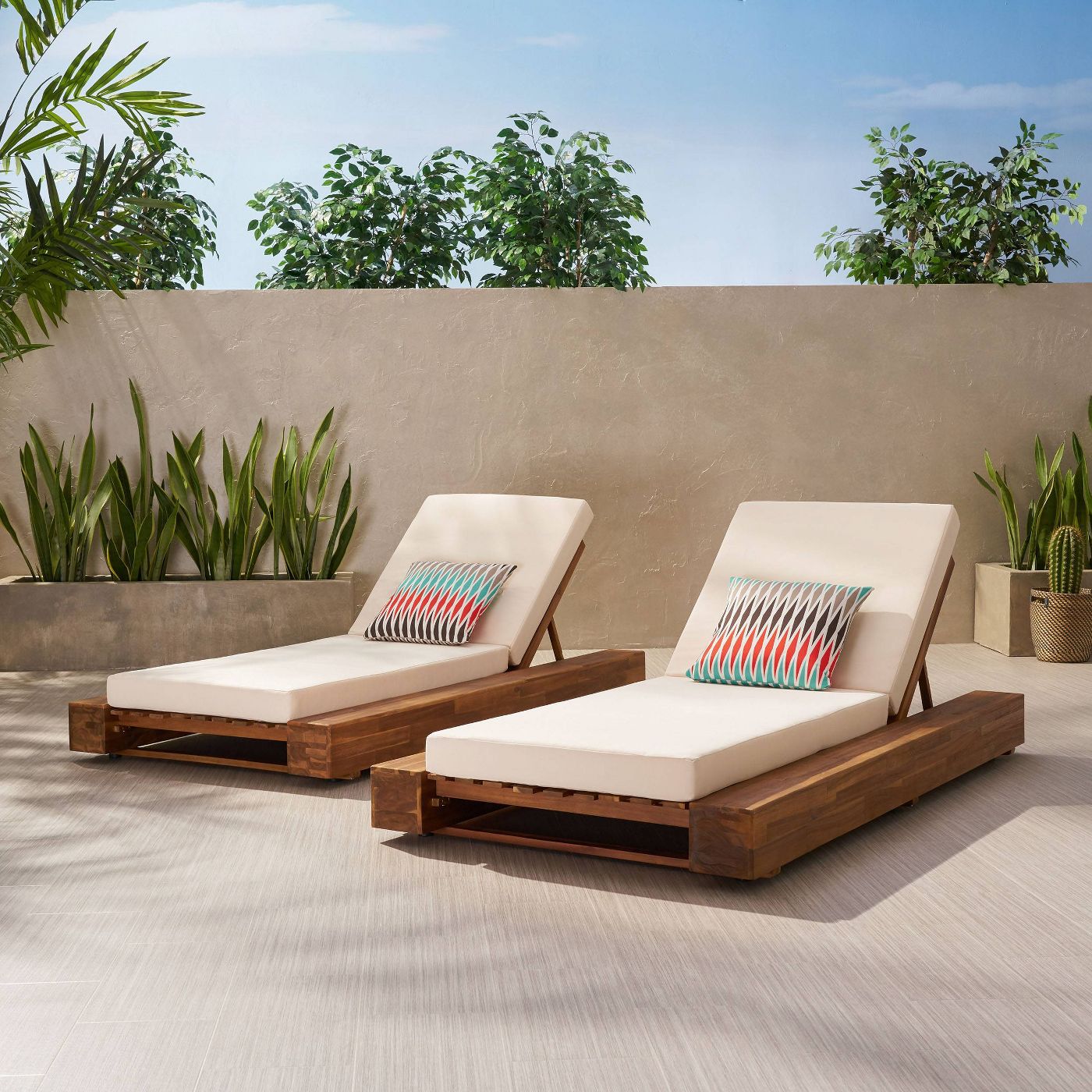 Broadway 2pk Acacia Wood Chaise Lounge - Teak/Cream - Christopher Knight Home - image 2 of 8