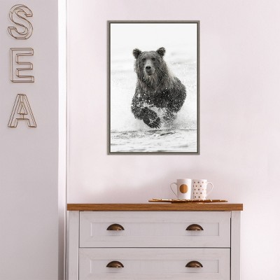 27" x 19" Monochromatic Bear Fishing Framed Canvas Print