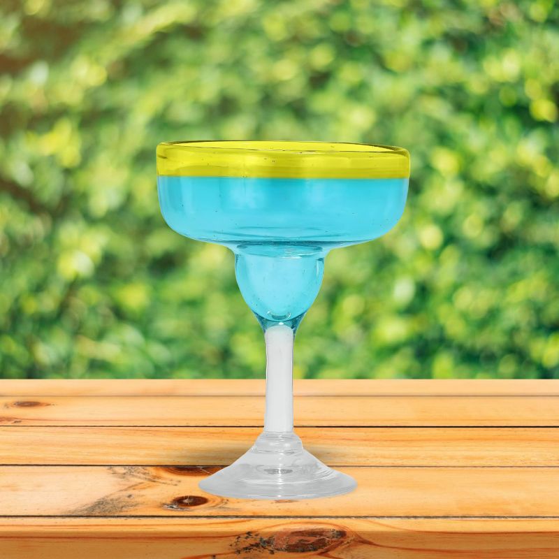 Amici Home Acapulco Authentic Mexican Handmade Margarita Glasses, Barware for Cocktails, Round Blue Glass, Yellow Rimmed, 15-Ounces, Set of 4,, 3 of 8
