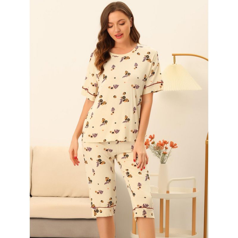 cheibear Womens Capri and Short Sleeve Shirt Floral Lounge Set Nightwear Soft Sleepwear Pajama Sets, 2 of 6