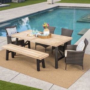 Jacks 6pc Acacia Wood & Wicker Patio Dining Set - Brown - Christopher Knight Home: Bench, Weather-Resistant, Galvanized Steel - 1 of 4