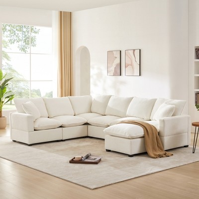 MYINDA Modern U Shape Modular Sofa, 7 Seat Chenille Sectional Couch Set with 2 Pillows for Living Room, BEIGE