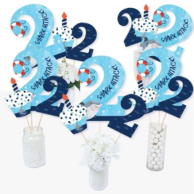 Big Dot of Happiness 2nd Birthday Shark Zone - Jawsome Shark Second Birthday Party Centerpiece Sticks - Table Toppers - Set of 15