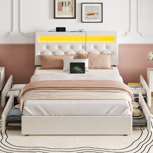 Greenstell Bed Frame with Adjustable Upholstered Headboard  and Storage 4 Drawers Charging Station & LED Lights Wood - 1 of 4