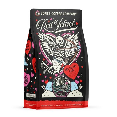 Bones Coffee Company Red Velvet Ground Coffee Beans Red Velvet Cake Flavor 12 oz Medium Roast (Ground)