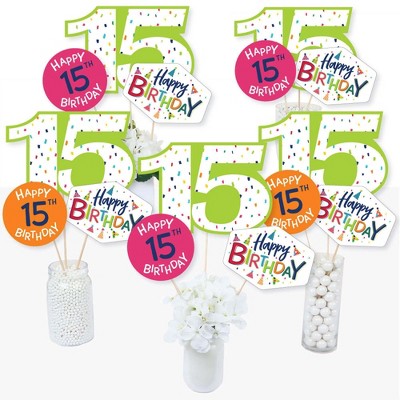 Big Dot of Happiness 15th Birthday - Cheerful Happy Birthday - Colorful Fifteenth Birthday Party Centerpiece Sticks - Table Toppers - Set of 15