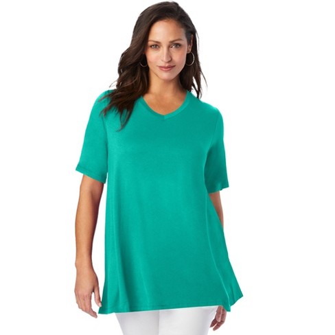 Women's Long Tunic Solid Scoop Neck Top Short Sleeve Trapeze Dress