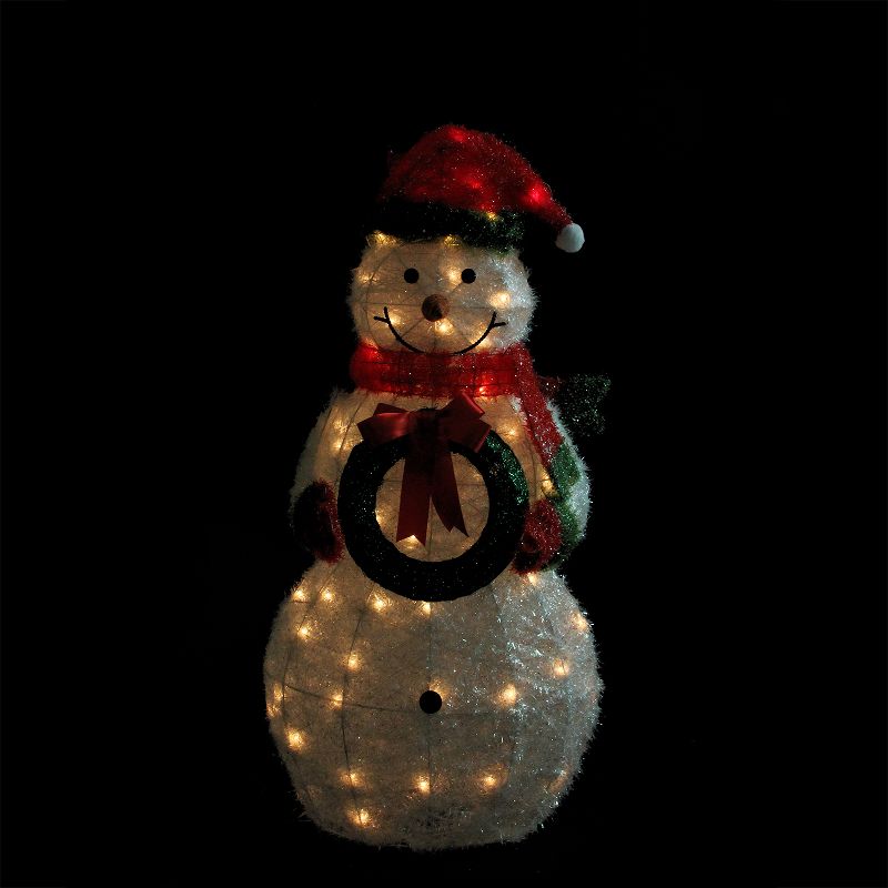 Northlight 38" Lighted White and Red Tinsel Snowman with Wreath Outdoor Christmas Decoration, 2 of 4