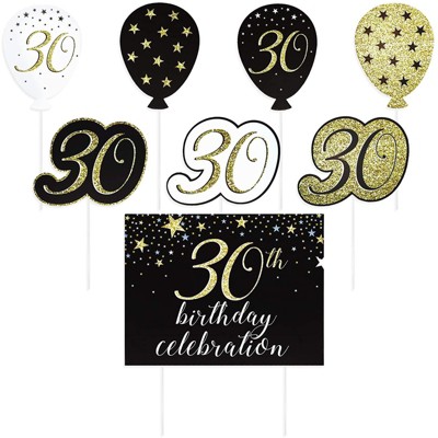 Blue Panda 8 Piece Set Happy 30th Birthday Yard Signs with Stakes Party Supplies, Black & Gold