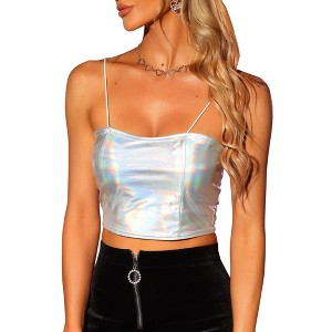 Allegra K Women's Spaghetti Strap Sleeveless Festival Party Clubwear Sparkly Shiny Metallic Crop Cami Top - 1 of 4
