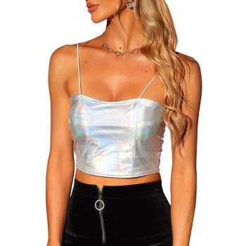 Allegra K Women's Spaghetti Strap Sleeveless Festival Party Clubwear Sparkly Shiny Metallic Crop Cami Top