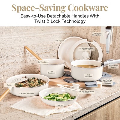 Cream 18-Piece Nonstick Aluminum Cookware Set with Detachable Handles