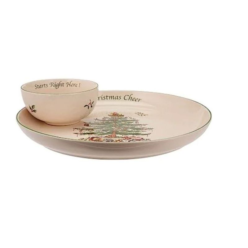 Spode Christmas Tree 2 Piece 12.5 Inch Chip & Dip, Stoneware Serving Plate with Dip Bowl for Appetizers, Side Dishes and Holiday Treats, 2 of 5