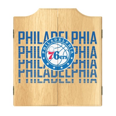 Philadelphia 76ers Beveled Wood Dartboard Cabinet Set with Darts