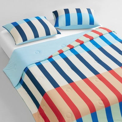 SNUGGLE SAC Double‑Sided Striped Cooling Comforter with 2 Pillowcases Breathable Summer Bedding Set Vibrant Coastal Design Snuggle Sac,Green Orange,90"x90" — фото 3
