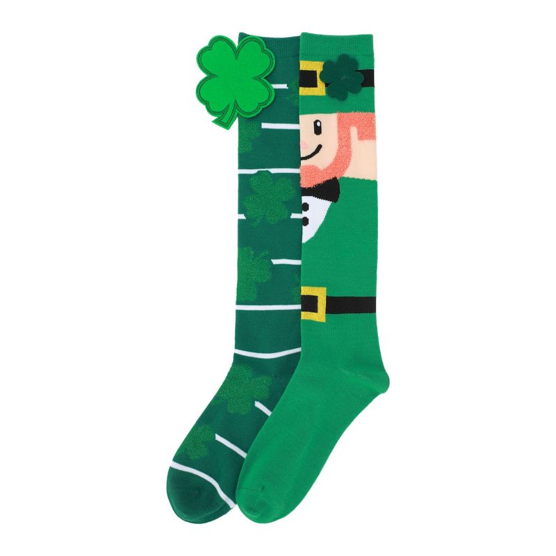 St. Patrick's Day 3D Felt Leprechaun & Clover Women's Green Knee-High Socks, 1 of 7
