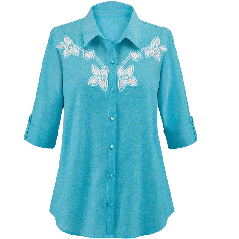 Collections Etc Beautiful Floral Embroidered Eyelet Trimmed Roll-Tab Sleeves Shirt, 1 of 6