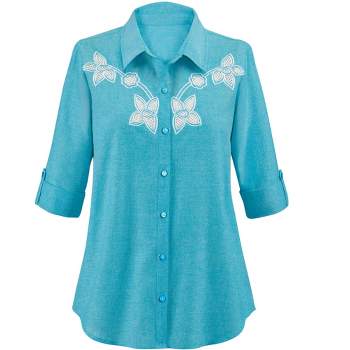 Collections Etc Beautiful Floral Embroidered Eyelet Trimmed Roll-Tab Sleeves Shirt