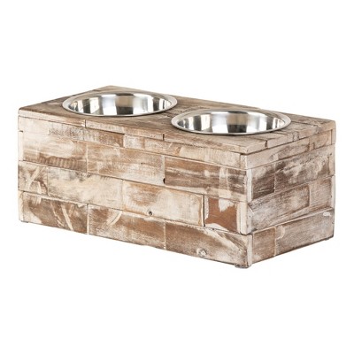 Large Rustic Reclaimed Wood Elevated Pet Feeder with Stainless Steel Bowls