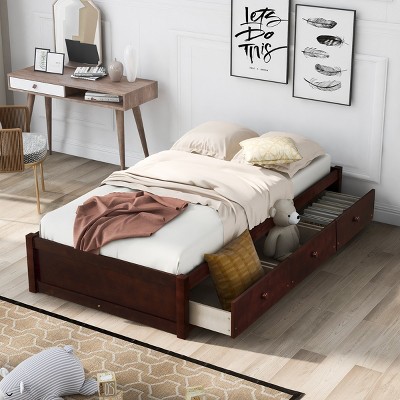 Platform Bed,Wooden Platform Bed With 3 Drawers,Platform Bed No Headboard,Twin Platform Bed With Storage,Bedroom Furniture-Cuddlewood