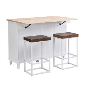 OUTSUPPLY Kitchen Island Set with Drop Leaf and 2 Seatings, Dining Table Set with Storage Cabinet, Drawers and Towel Rack - 1 of 4